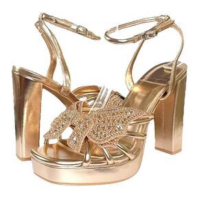 Jeffrey Campbell Platform Sandal Gold Metallic Fantasies Rhinestone Bow Size 8